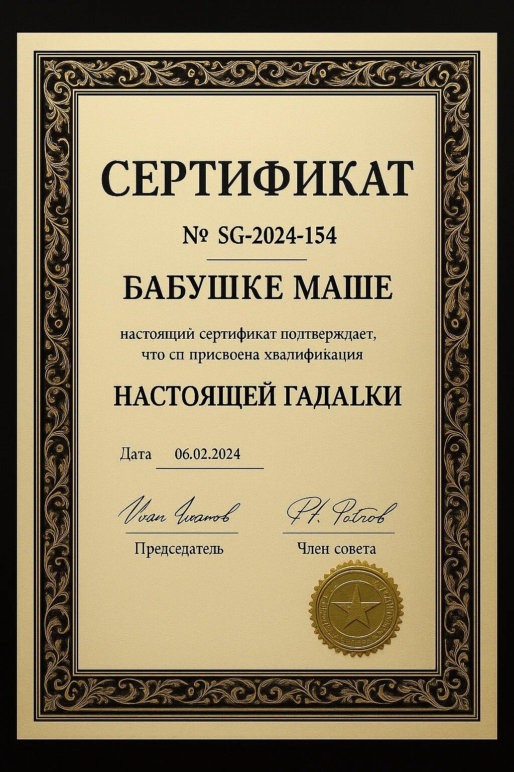 Сертификат гадалки бабушки Маши